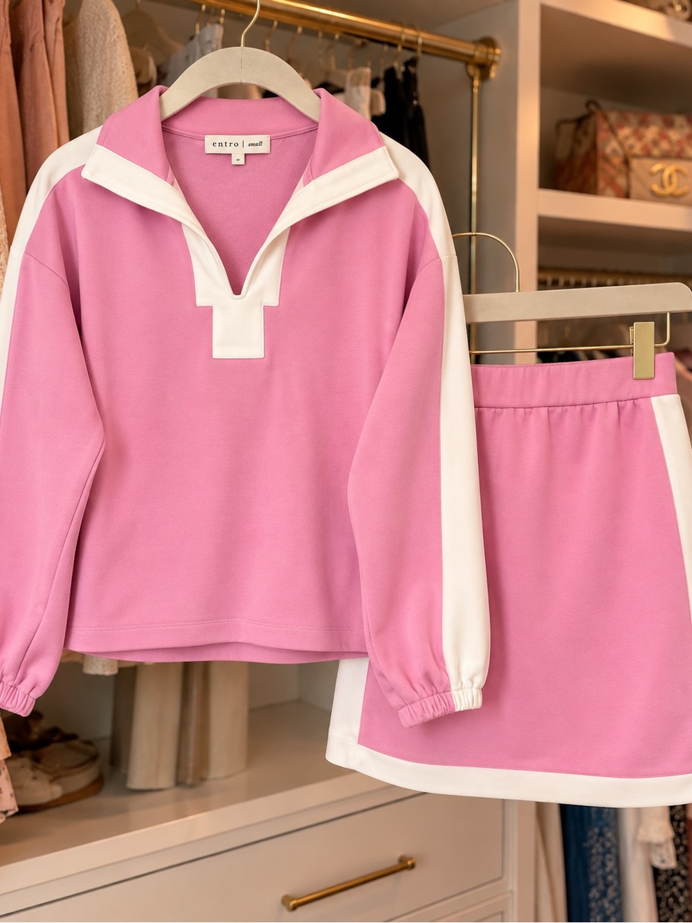 Entro Pink White Colorblock Two Piece Pullover & Mini Skort Set Size Small
